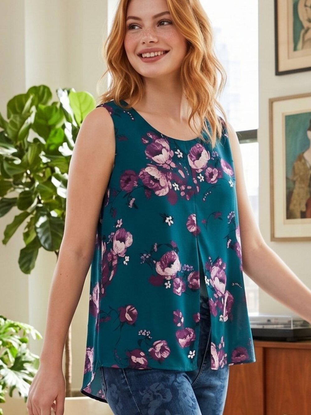 ELLE Women's Sleeveless Teal-green Pink & Purple Floral Blouse Sz L Pretty